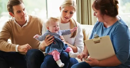Crying child with parents