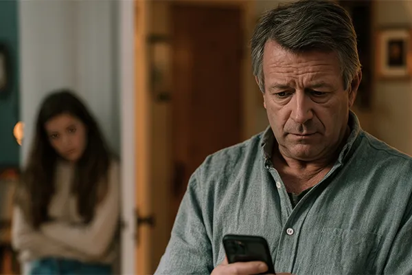 Worried father reading text
